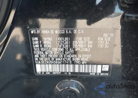 2016 Honda Hr-V Lx из США, поврежденный, VIN 3CZRU5H36GM717415